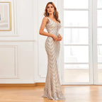 Abito da donna con perline Abito lungo da sera Abito da ballo con scollo a V profondo Abito da sera argento con paillettes Abito lungo sexy da festa 18691