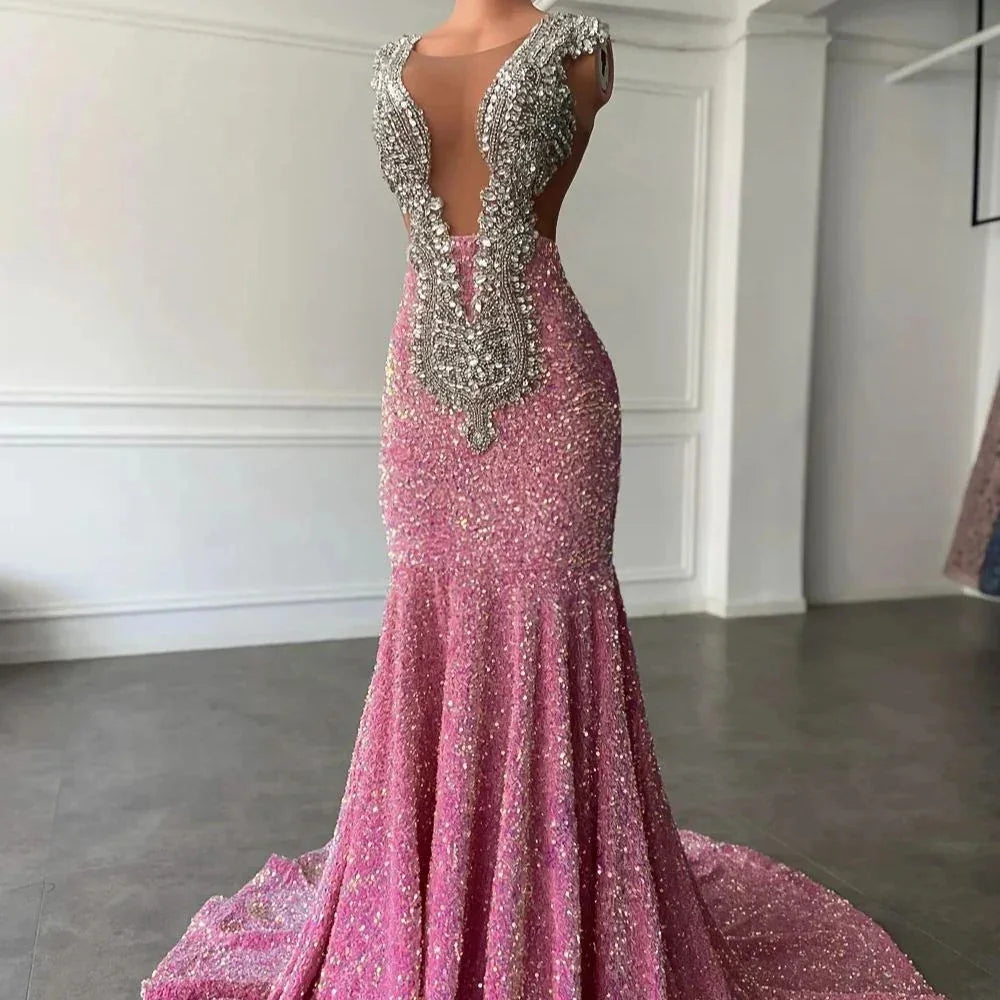 Abiti da ballo rosa scintillanti, abito da sera rosa sirena con paillettes seducenti per concorso di bellezza Y477