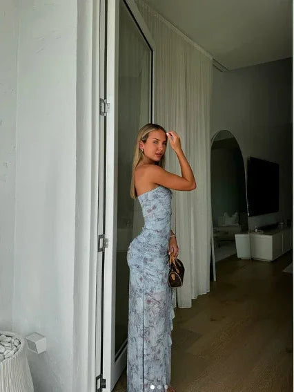 Elegante abito lungo da sera in chiffon con stampa floreale, senza spalline, con spacco, per festa, modello Y8238