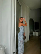 Elegante abito lungo da sera in chiffon con stampa floreale, senza spalline, con spacco, per festa, modello Y8238