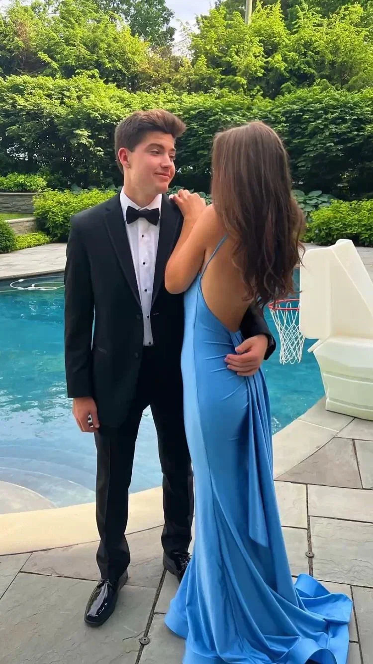 Robe de bal élégante bleue Atlantique sirène dos nu robe de soirée Y303