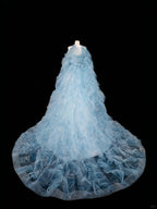 Vestido de baile longo azul sonho em tule com contas, corte em linha A, vestido de noite longo Y8691