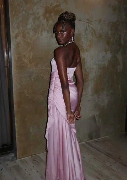 Vestido de Noite Elegante Rosa Sereia Sem Alças Plissado Vestido de Baile Y8126