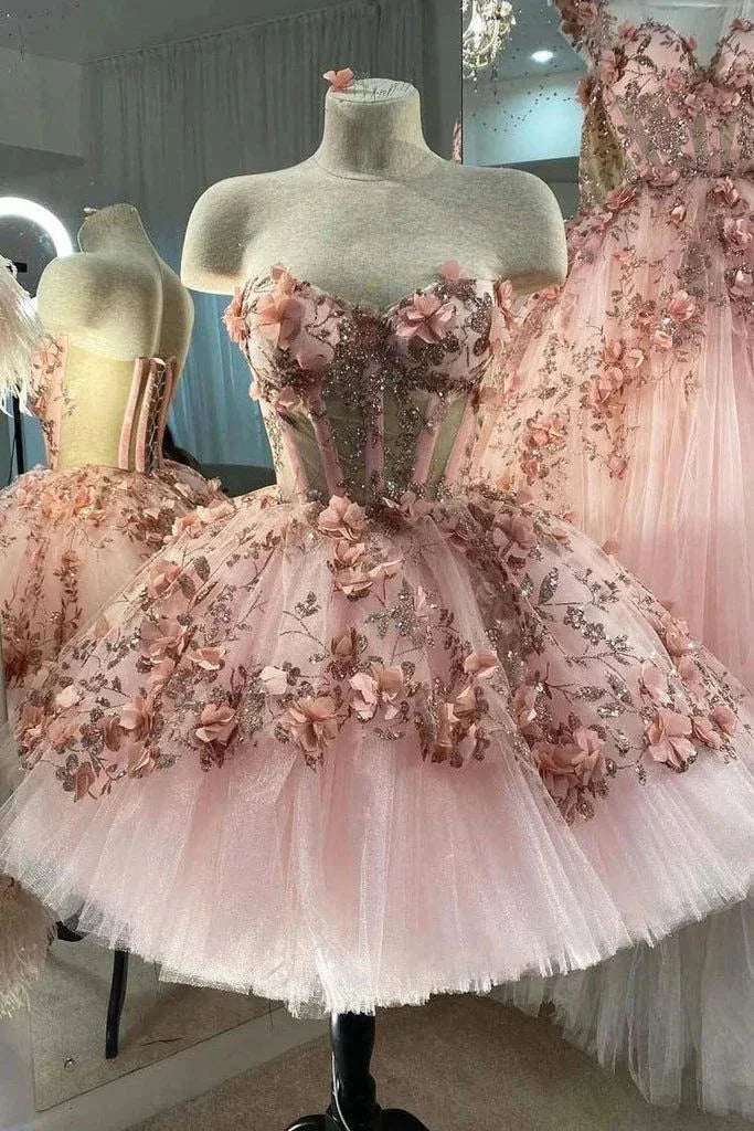 Abito a sfera con applicazioni di fiori rosa cipria, abiti da sera in tulle a linea ad A, abiti per quinceañera Y388