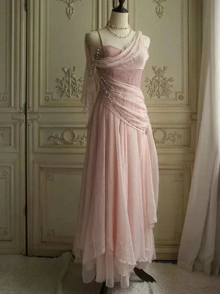Robe longue de bal du soir rose chiffon à fines bretelles en forme de cœur avec perles Y8290