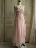 Robe longue de bal du soir rose chiffon à fines bretelles en forme de cœur avec perles Y8290