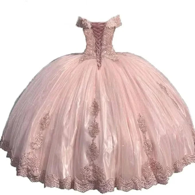 Süßes rosa schulterfreies Ballkleid aus Tüll mit Spitzenapplikationen Quinceañera Kleid Y7728