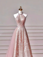 Abito da sera rosa scintillante con paillettes, corpino allacciato al collo, gonna a ruota in tulle modello A Y8608