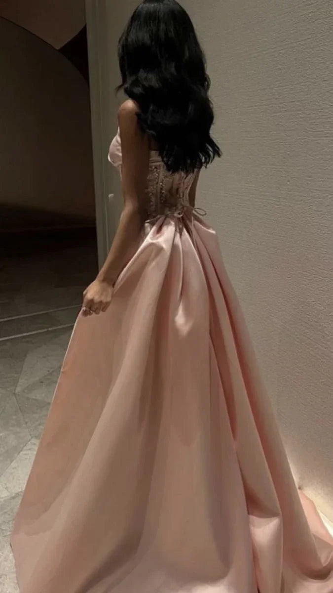 Robe de soirée formelle rose bébé en satin, bustier sans bretelles, corset d'Arabie Saoudite, paillettes scintillantes de Dubaï, robe de fête Y4887
