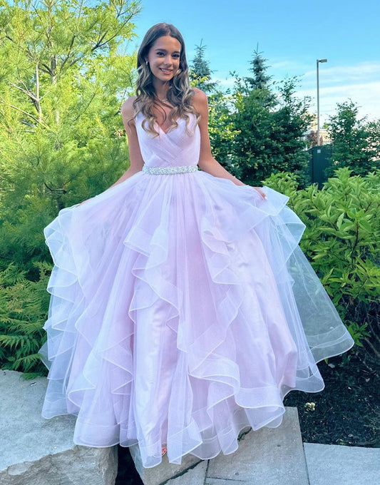 Roycebridal Salem | Vestido de fiesta de tul con volantes, escote en V y cinturón, corte A