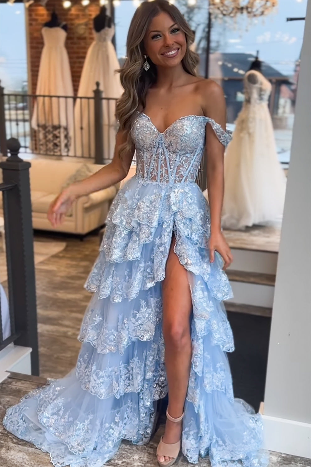 A Line Off the Shoulder Corset Prom Dress with Lace Ruffles