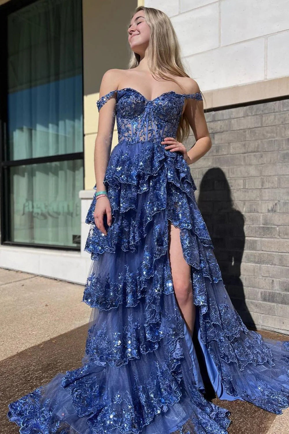 A Line Off the Shoulder Corset Prom Dress with Lace Ruffles