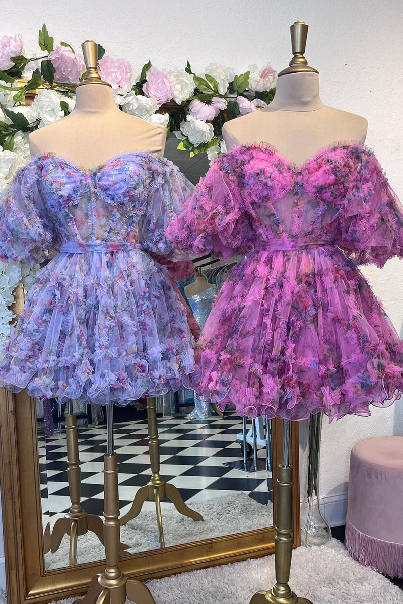 Vestido de fiesta con estampado floral y hombros descubiertos