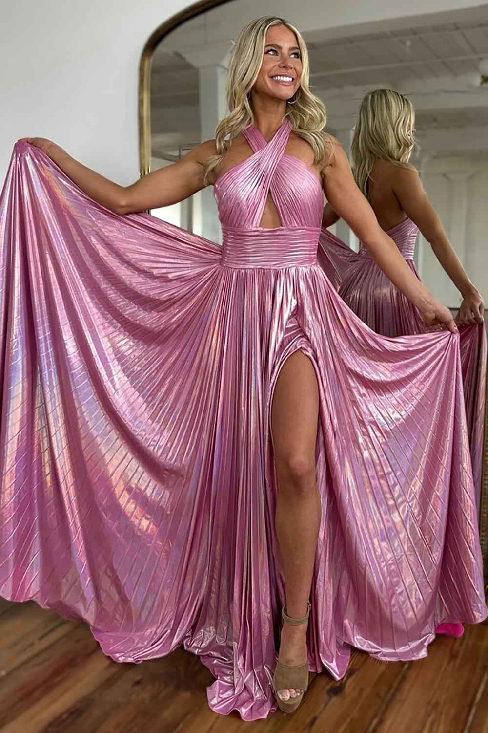 Metallic Blush A-Line Pleated Long Prom Dress Halter Neck Party Gown With Side Slit