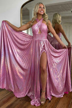 Metallic Blush A-Line Pleated Long Prom Dress Halter Neck Party Gown With Side Slit