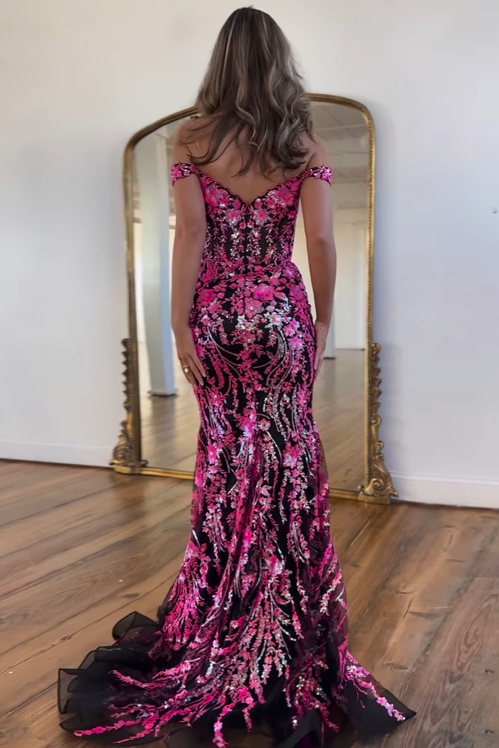 Sparkly Gold Off Shoulder Mermaid Sequin Long Prom Dress With Slit