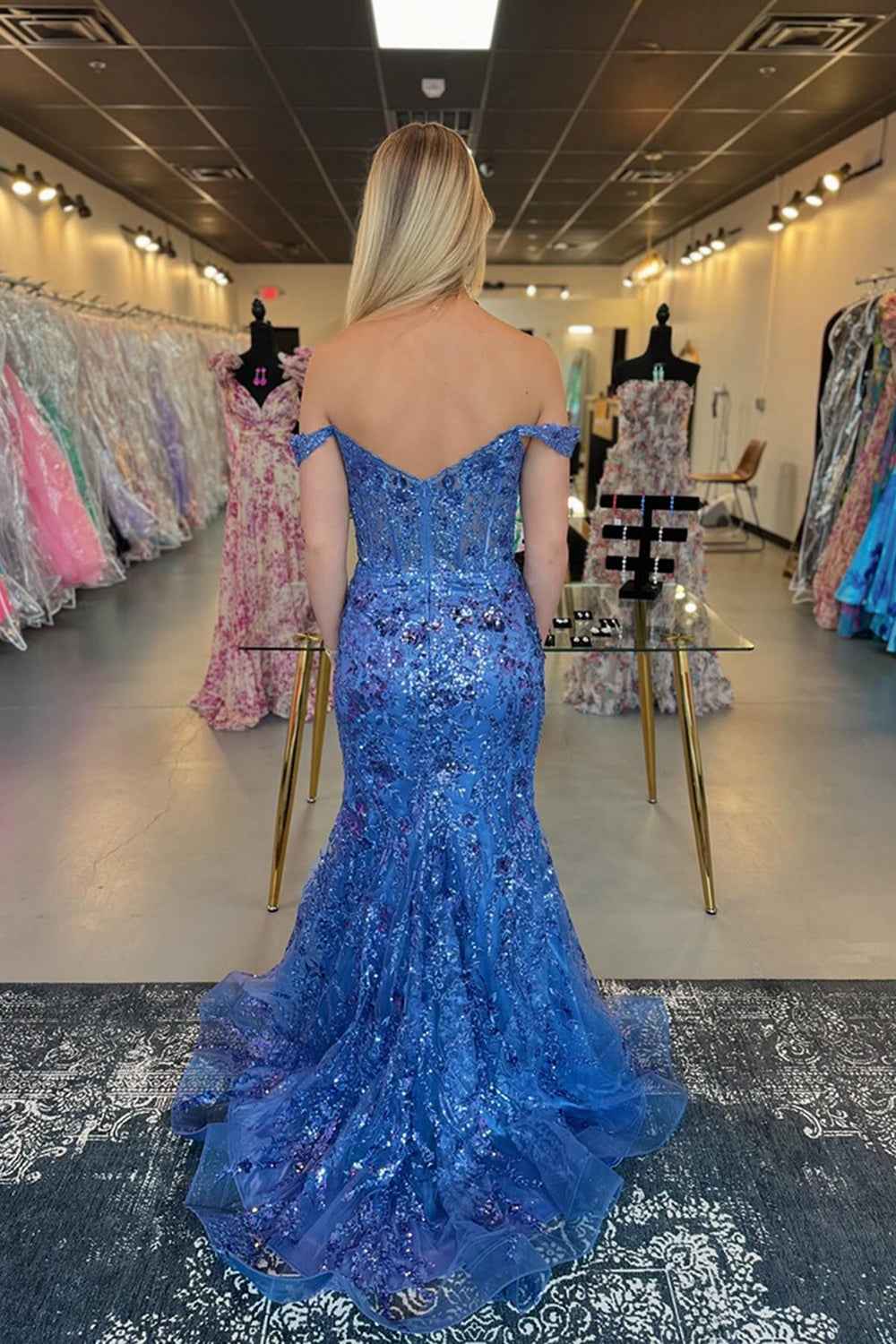 Sparkly Gold Off Shoulder Mermaid Sequin Long Prom Dress With Slit