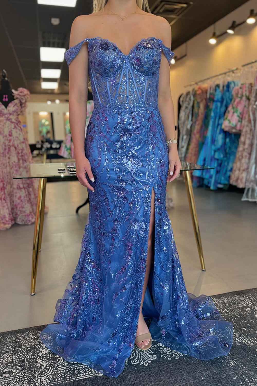 Sparkly Gold Off Shoulder Mermaid Sequin Long Prom Dress With Slit