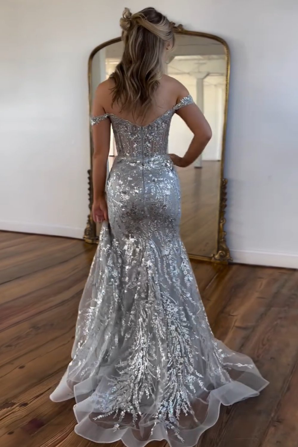 Sparkly Gold Off Shoulder Mermaid Sequin Long Prom Dress With Slit