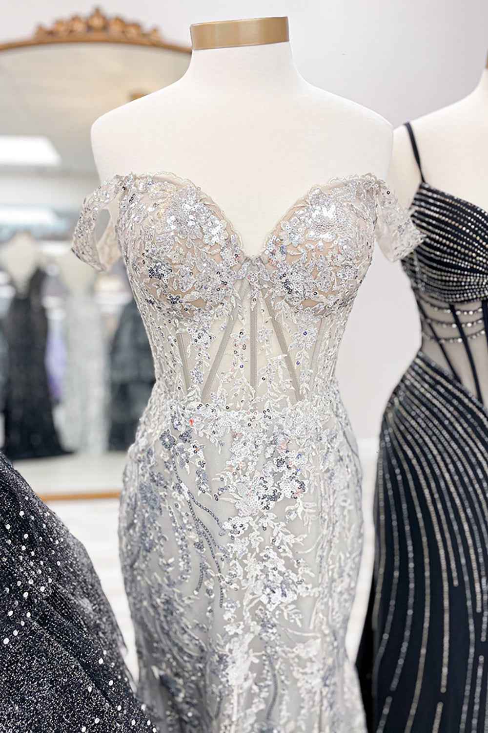 Sparkly Gold Off Shoulder Mermaid Sequin Long Prom Dress With Slit