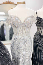 Sparkly Gold Off Shoulder Mermaid Sequin Long Prom Dress With Slit