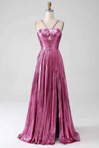 Sparkly Gold A Line Halter Neck Long Prom Dress With Keyhole Slit