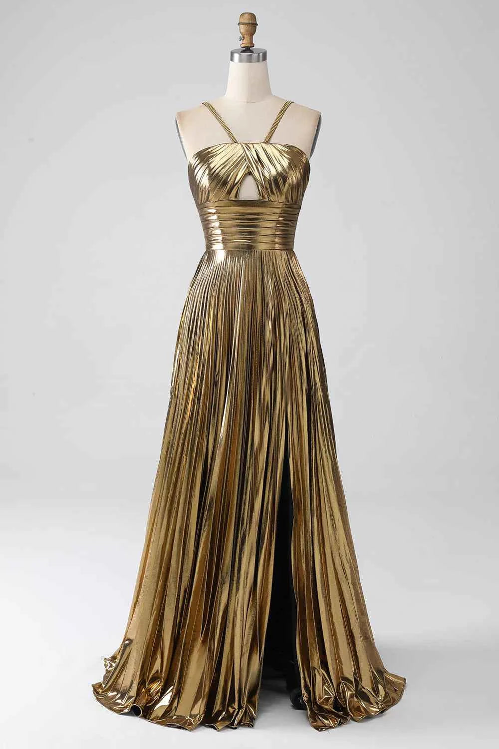 Sparkly Gold A Line Halter Neck Long Prom Dress With Keyhole Slit