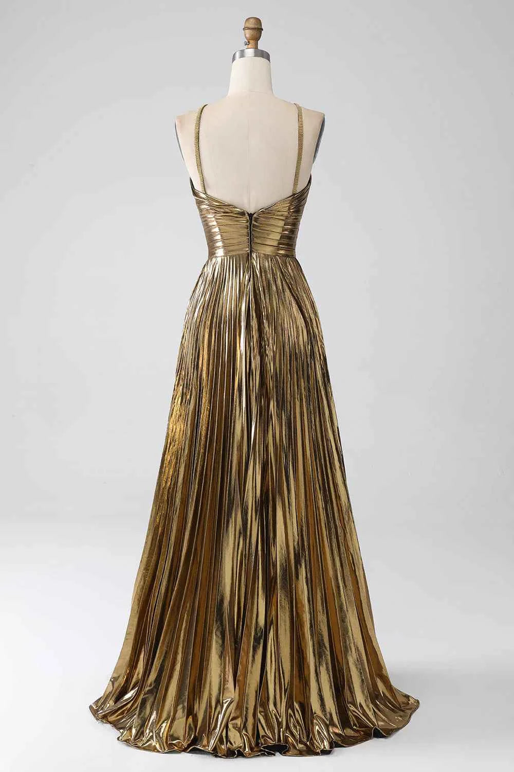 Sparkly Gold A Line Halter Neck Long Prom Dress With Keyhole Slit