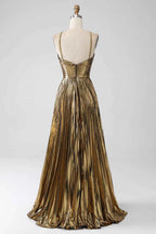 Sparkly Golden A Line Halter Prom Dress With Keyhole Slit