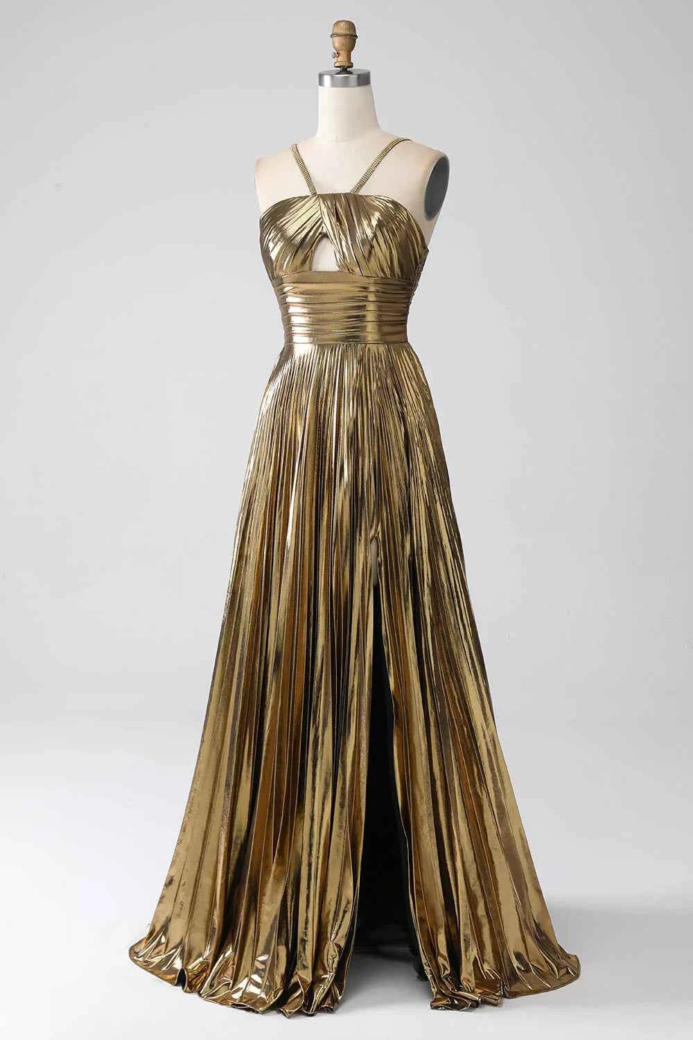 Sparkly Gold A Line Halter Neck Long Prom Dress With Keyhole Slit