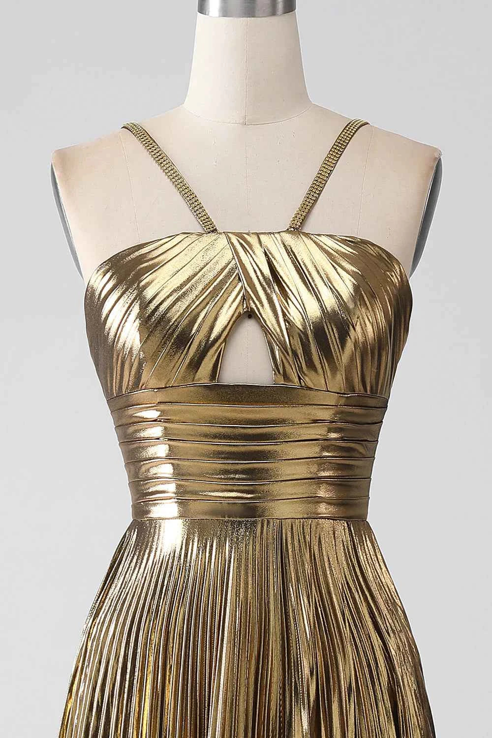Sparkly Golden A Line Halter Prom Dress With Keyhole Slit