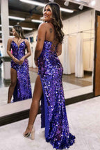 Sparkly Purple Mermaid Sequin Long Prom Dress Spaghetti Straps
