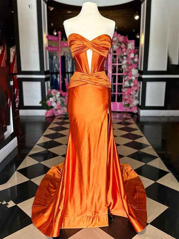 Navy Blue Strapless Mermaid Corset Prom Dress With Slit