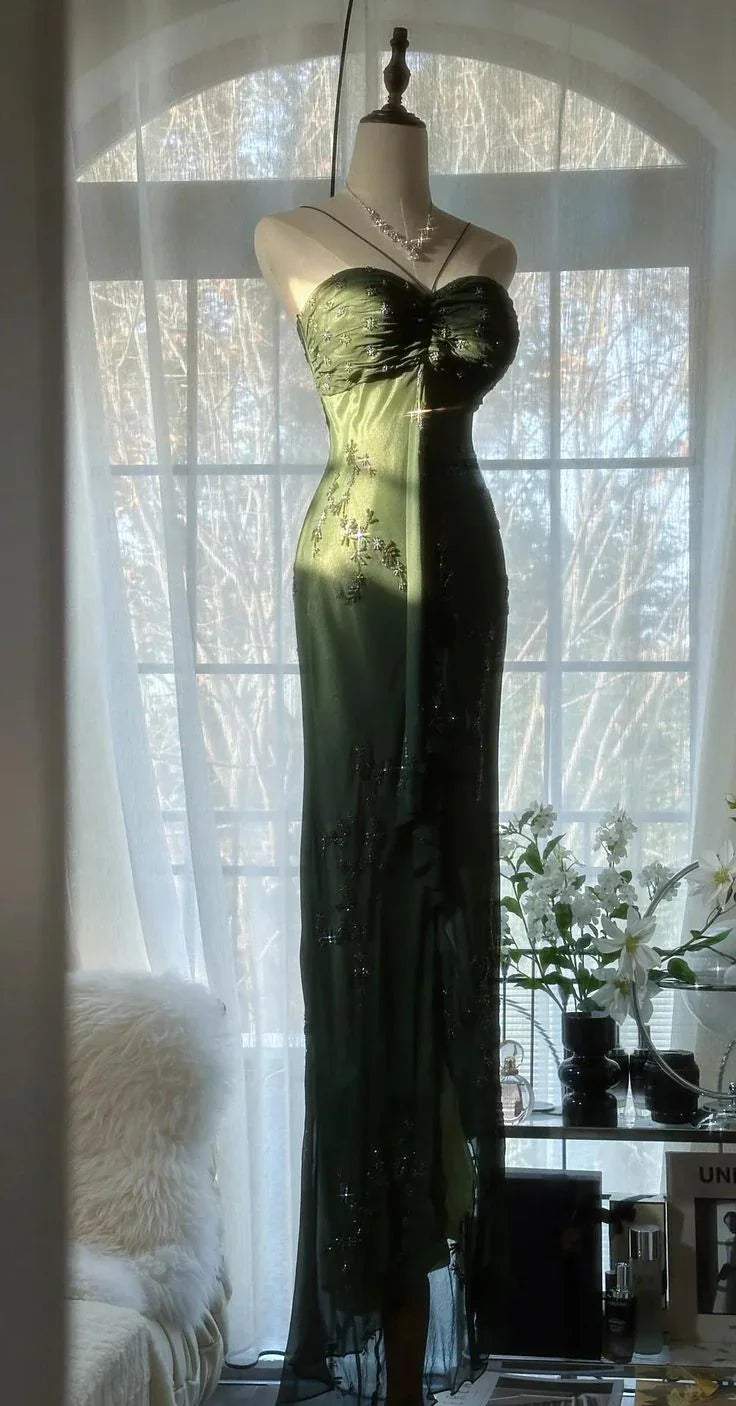 Abito da sera lungo aderente vintage verde scuro in raso con perline per ballo di fine anno Y8557