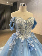Abito da ballo blu per festa di fine anno in pizzo e tulle con spalle scoperte, abito da sera Y4561