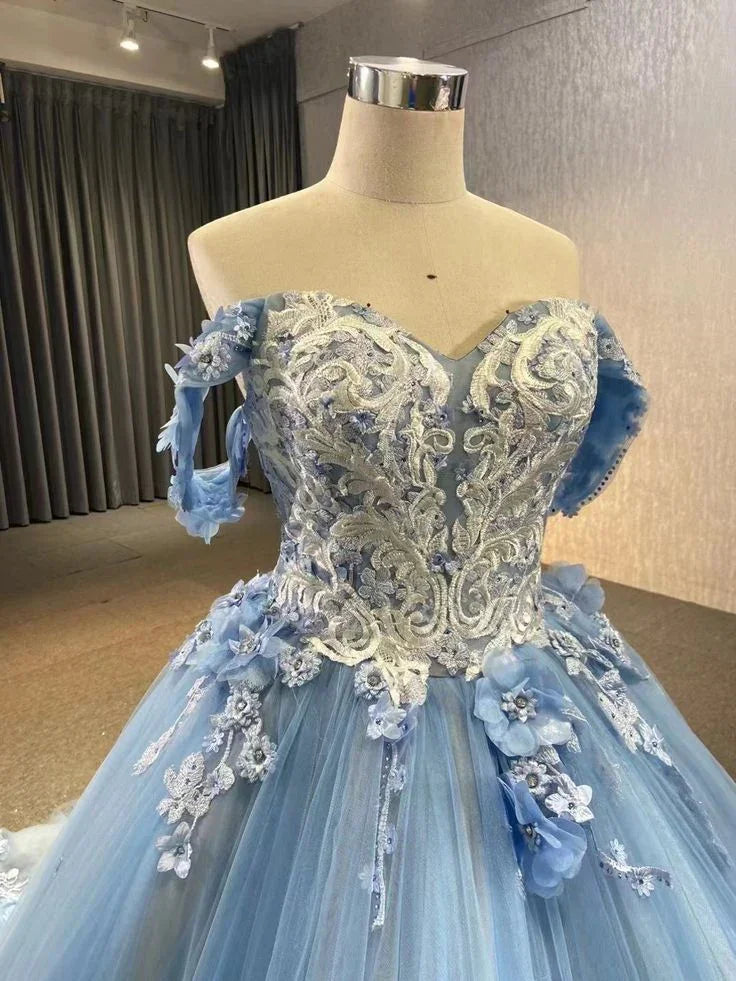 Abito da ballo blu per festa di fine anno in pizzo e tulle con spalle scoperte, abito da sera Y4561
