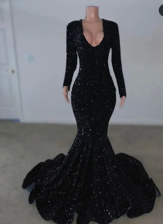 Abito da sera nero con maniche lunghe e paillettes a sirena Abito nero per ricevimento Y5987