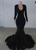 Abito da sera nero con maniche lunghe e paillettes a sirena Abito nero per ricevimento Y5987