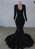 Abito da sera nero con maniche lunghe e paillettes a sirena Abito nero per ricevimento Y5987