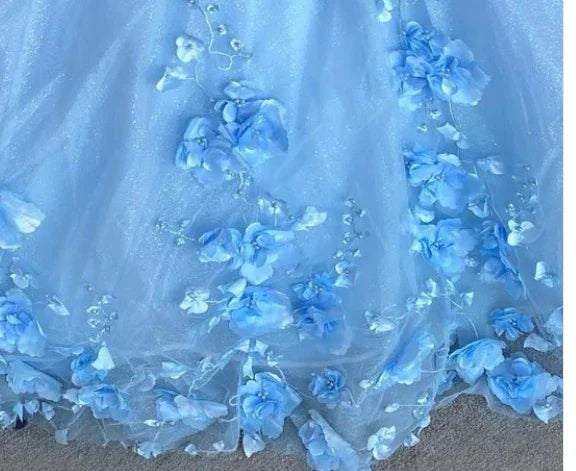Abito a palloncino in tulle con fiori blu, elegante vestito da ballo S26907