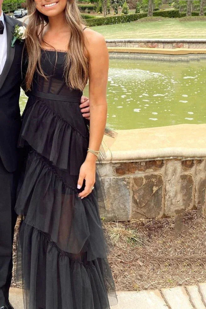 Elegante abito da sera nero a strati in tulle a linea ad A, corpetto trasparente lungo, abito per la laurea Y653