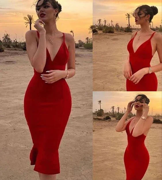 Abito da sera rosso seducente, abito lungo a tubino midi Y4129