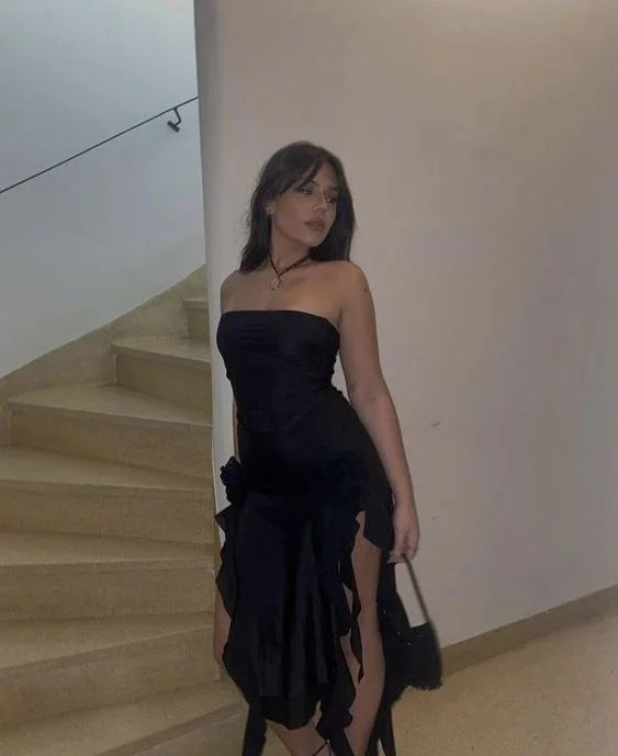 Vestido de Festa Preto Justo com Folhos, Sem Alças, em Chiffon, Modelo Y7765