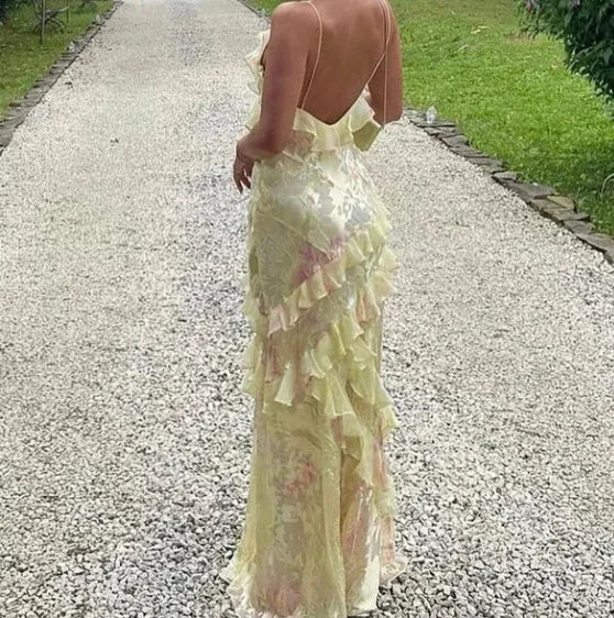 Abito da sera incantevole con spalline sottili romantiche, scollo a V, chiffon stampato, abito da ballo Y2306