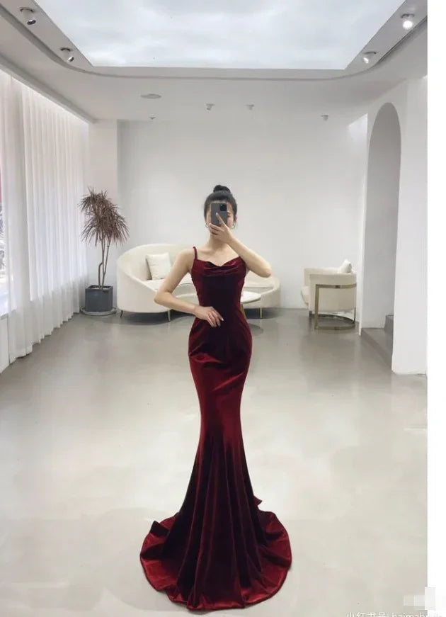 Abito da sera lungo in velluto rosso elegante a sirena Abito da ballo Y7824