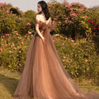 Belle robe longue de soirée en tulle à bretelles, coupe trapèze, robe de fête en tulle Y4643