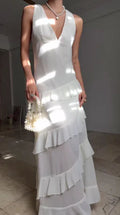 Abito da sera lungo bianco semplice con scollo a V in chiffon e balze, senza schienale Y8500