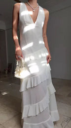 Abito da sera lungo bianco semplice con scollo a V in chiffon e balze, senza schienale Y8500