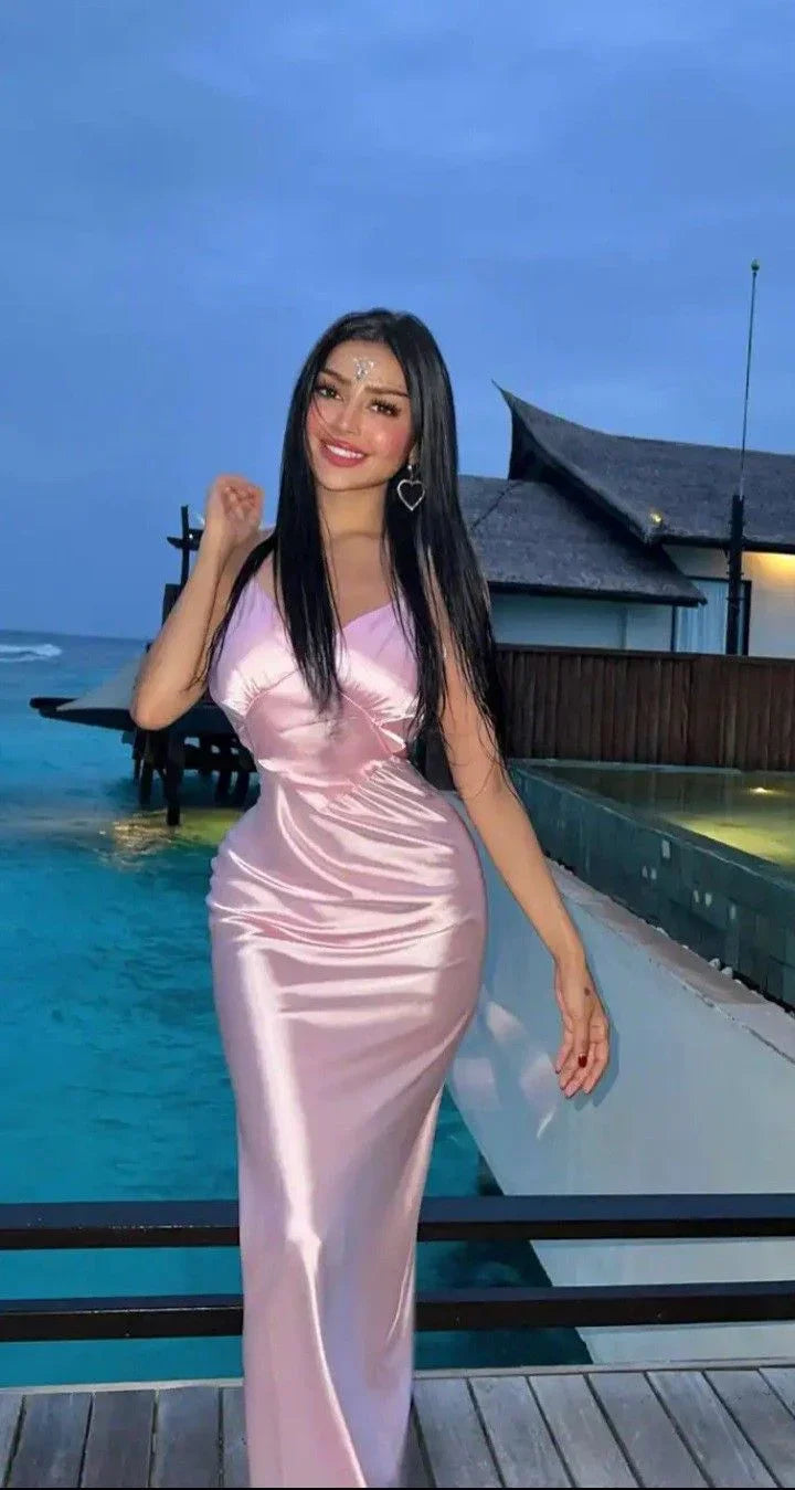 Elegante abito da sera rosa con spalline sottili e scollo a V, abito da sera rosa Y5663