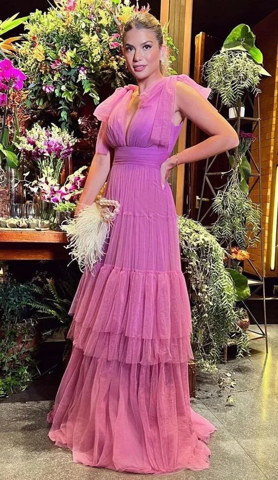 Vestido de noite elegante em linha A com decote em V Vestido para convidada de casamento Y5110